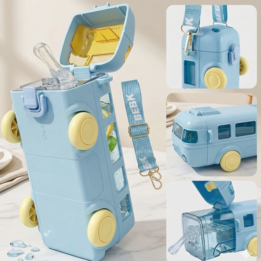 Side view of bus shaped kids water bottle with straw