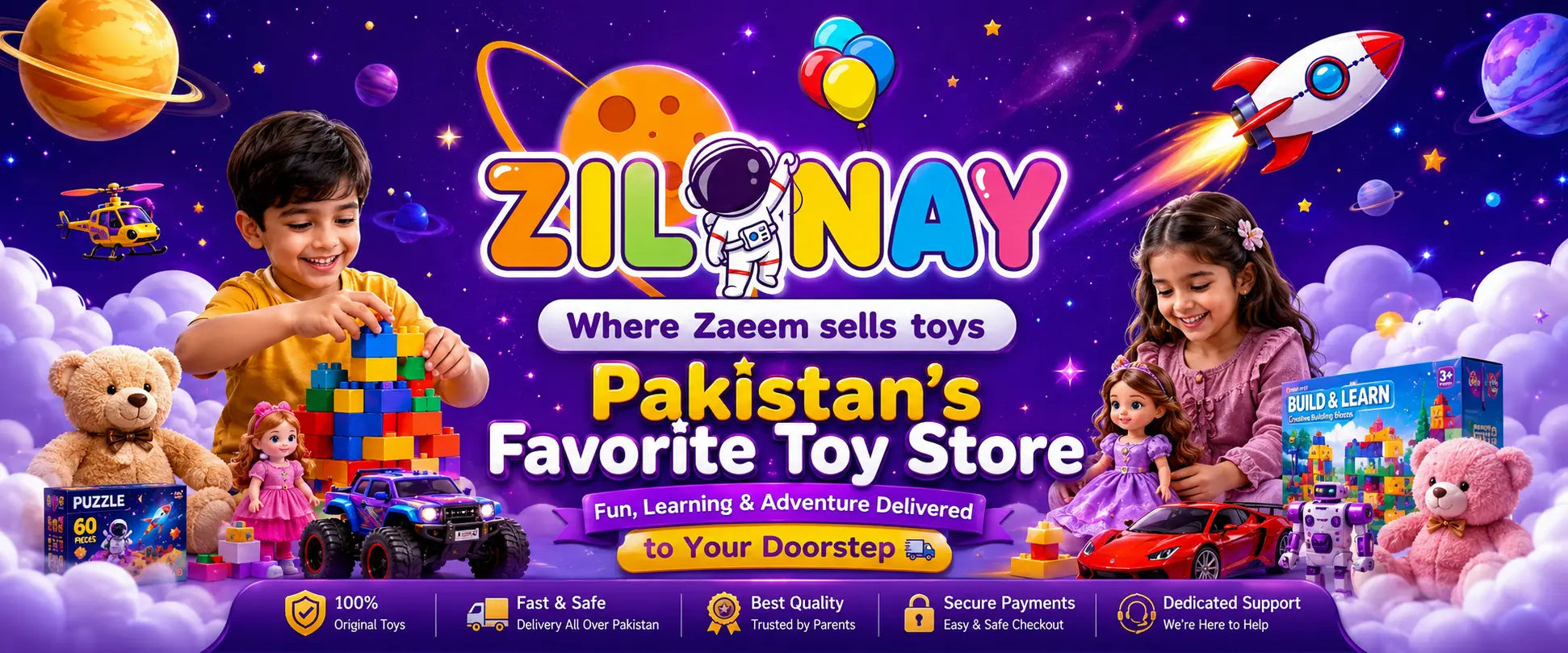 Advertisement for Zilmanay, Pakistan's favorite toy store, featuring children playing with toys against a colorful space-themed background.