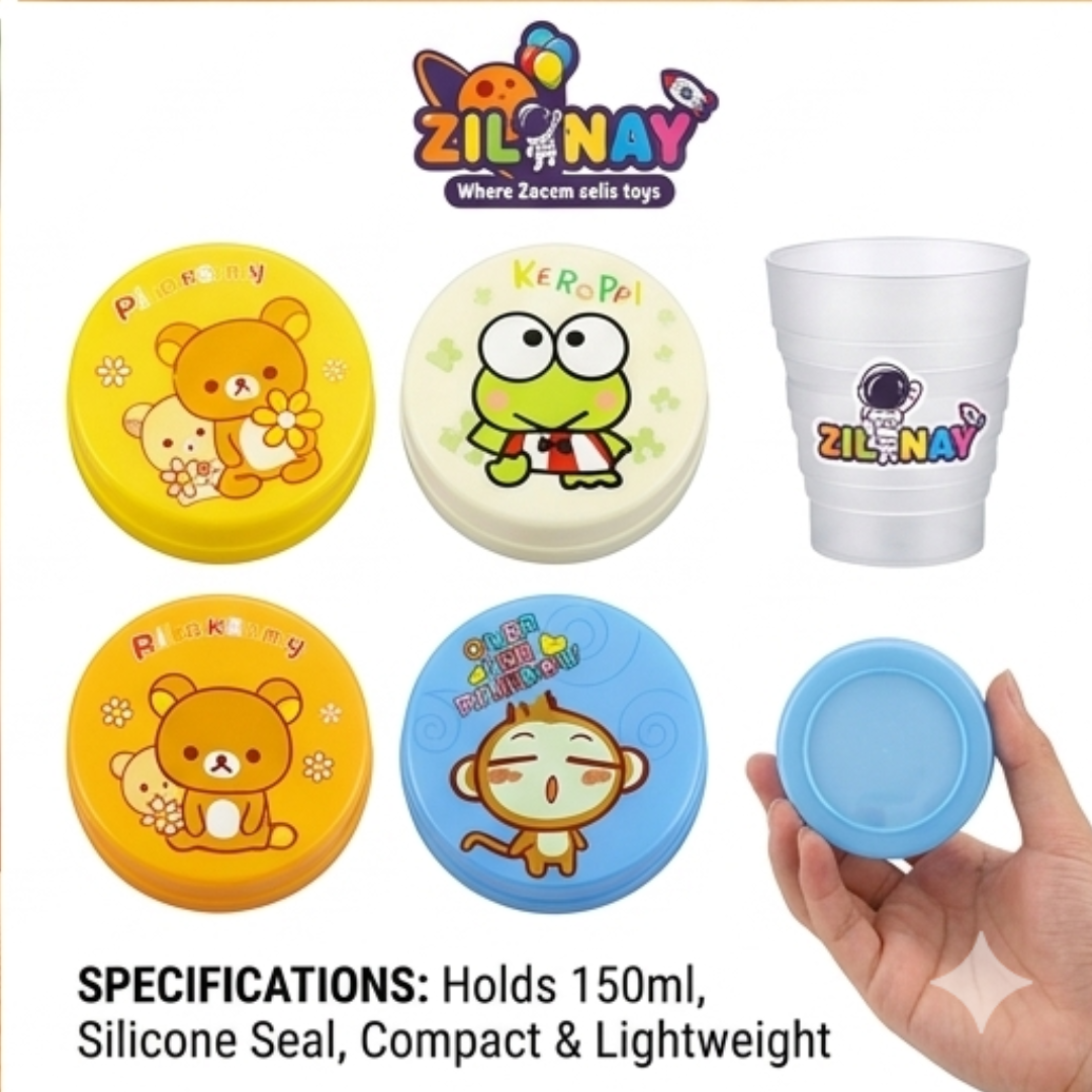 Set of colorful containers with cartoon characters and a cup, featuring the Zilonay brand.