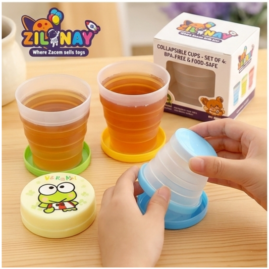 Collapsible cups with a ZILONAY branded box on a wooden surface