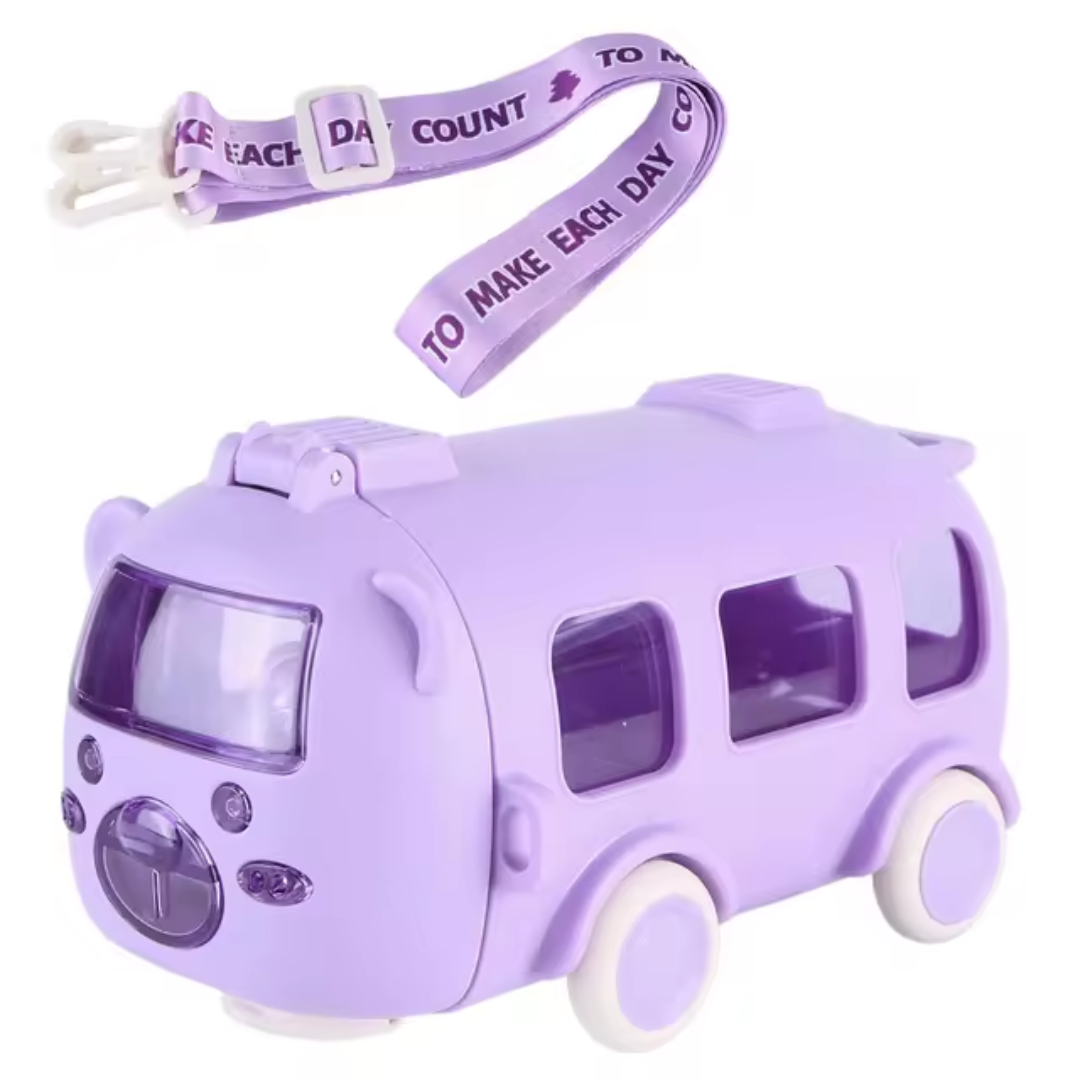 Child using Zilonay bus shape water bottle with straw outdoors