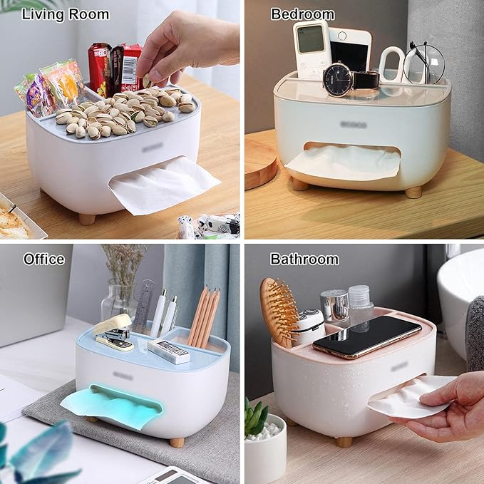 Desktop tissue holder with storage space for accessories and stationery