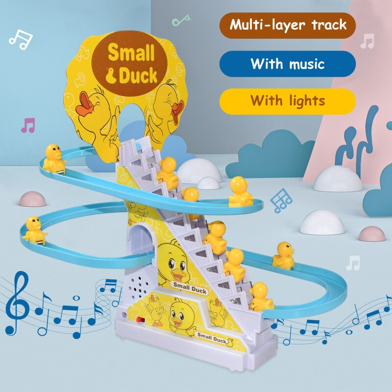 Closeup view of electric duck climbing stairs toy set