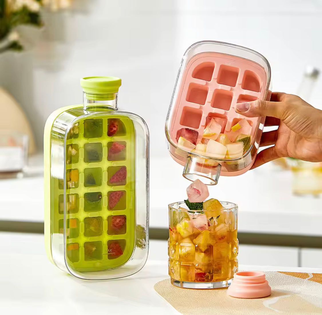 Portable ice maker bottle filled with ice cubes by Zilonay
