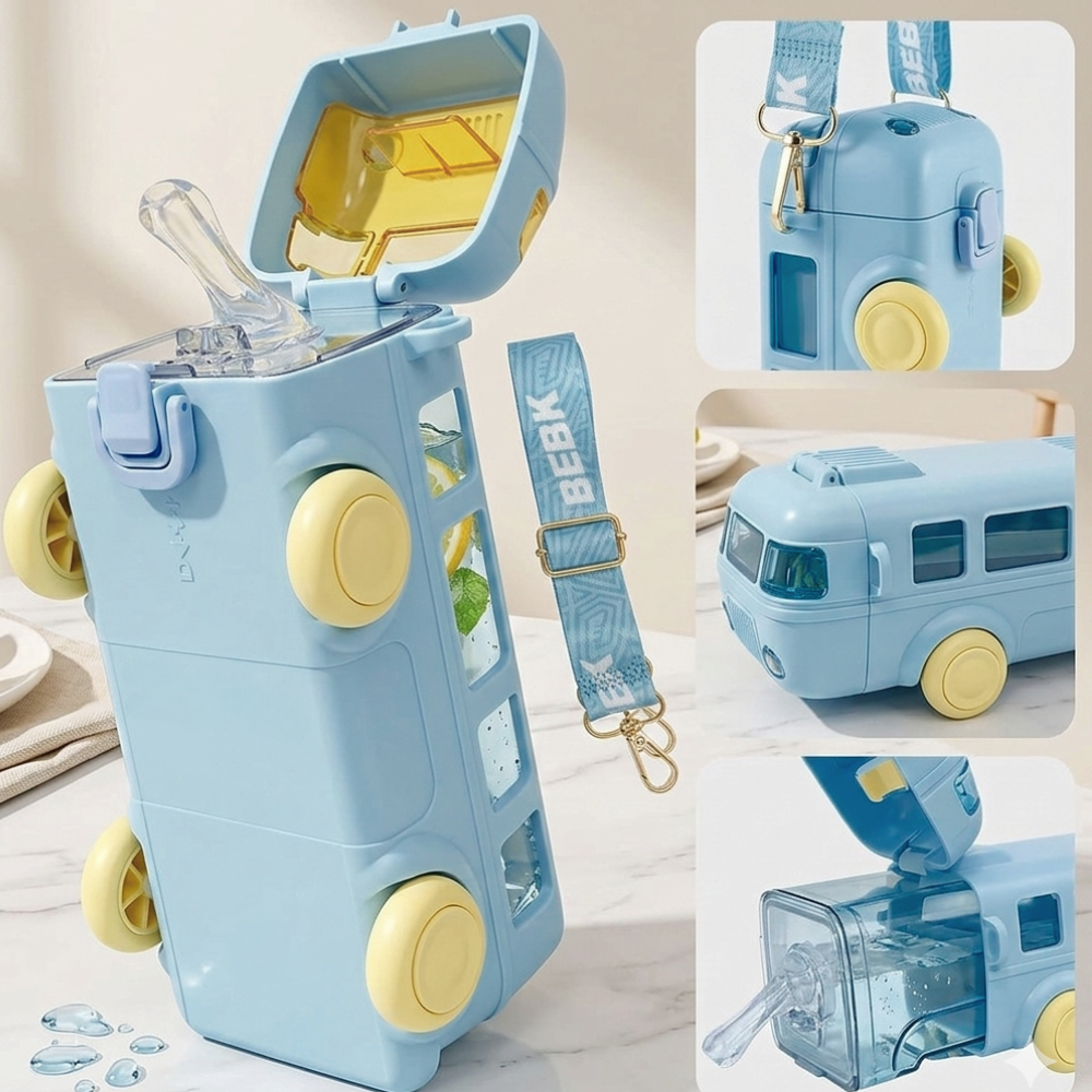 Side view of bus shaped kids water bottle with straw