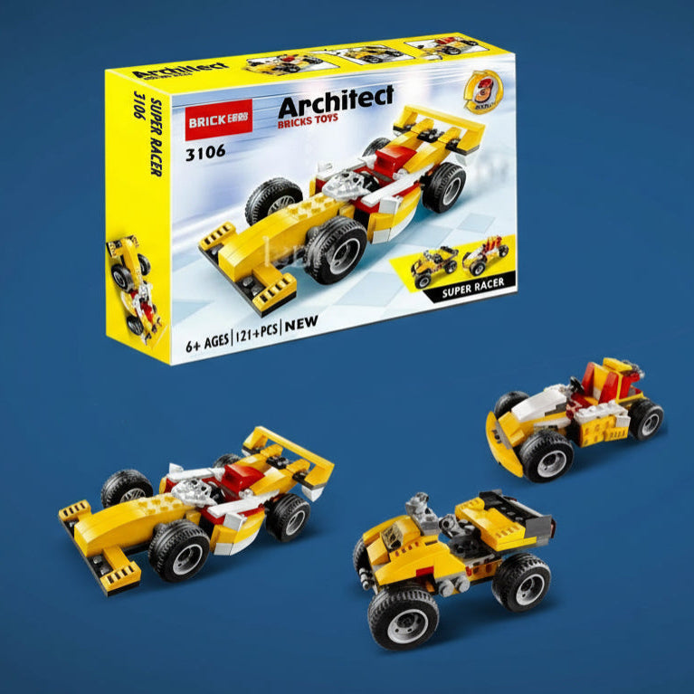 Kids racer construction toy with 121 piece building block set
