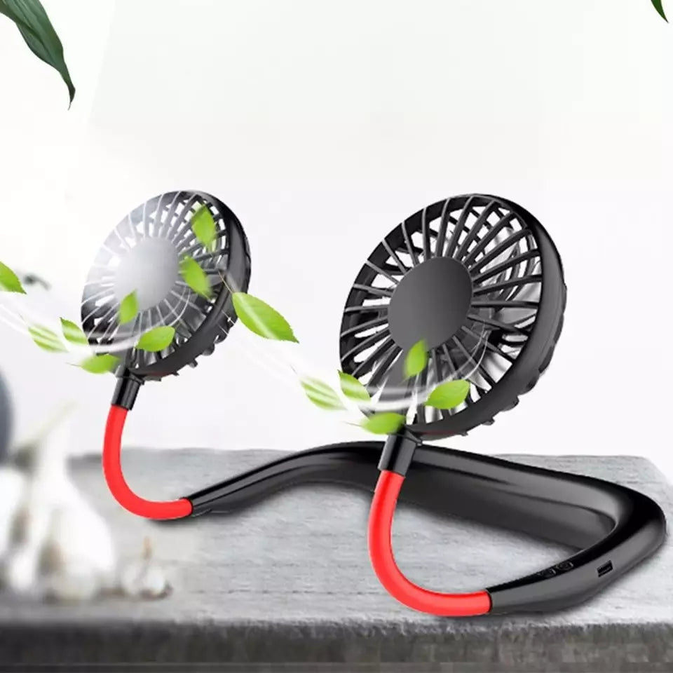 Side view of portable hanging neck fan for cooling and comfort