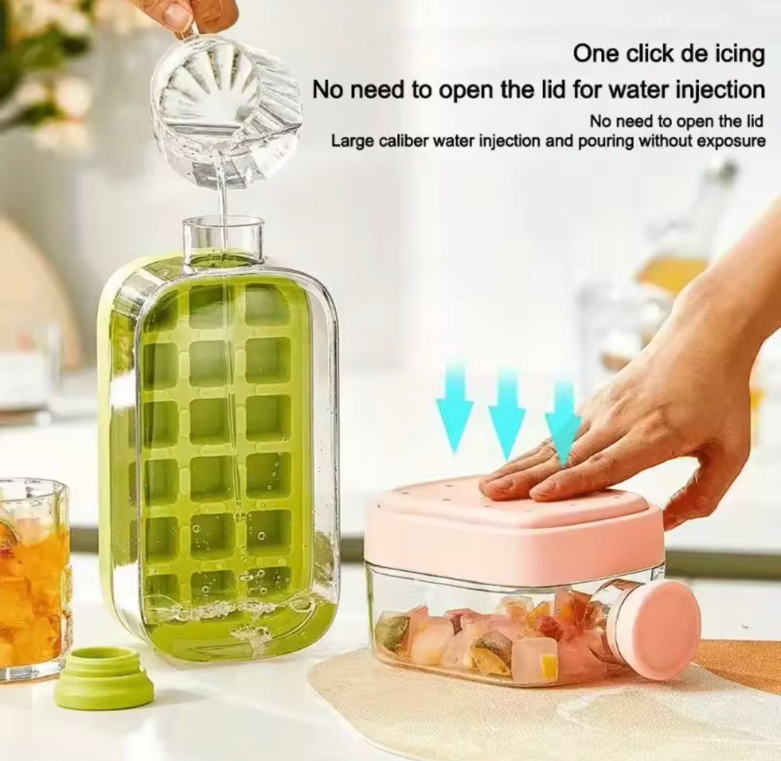 Closeup view of Zilonay portable drink bottle with ice mold feature