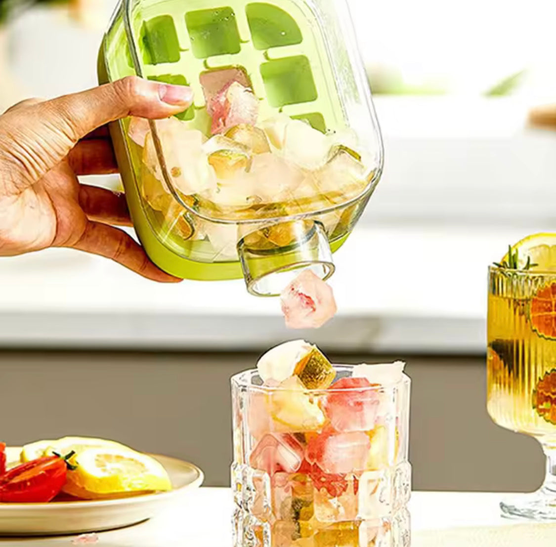 Zilonay ice cube maker bottle with open lid and storage compartment