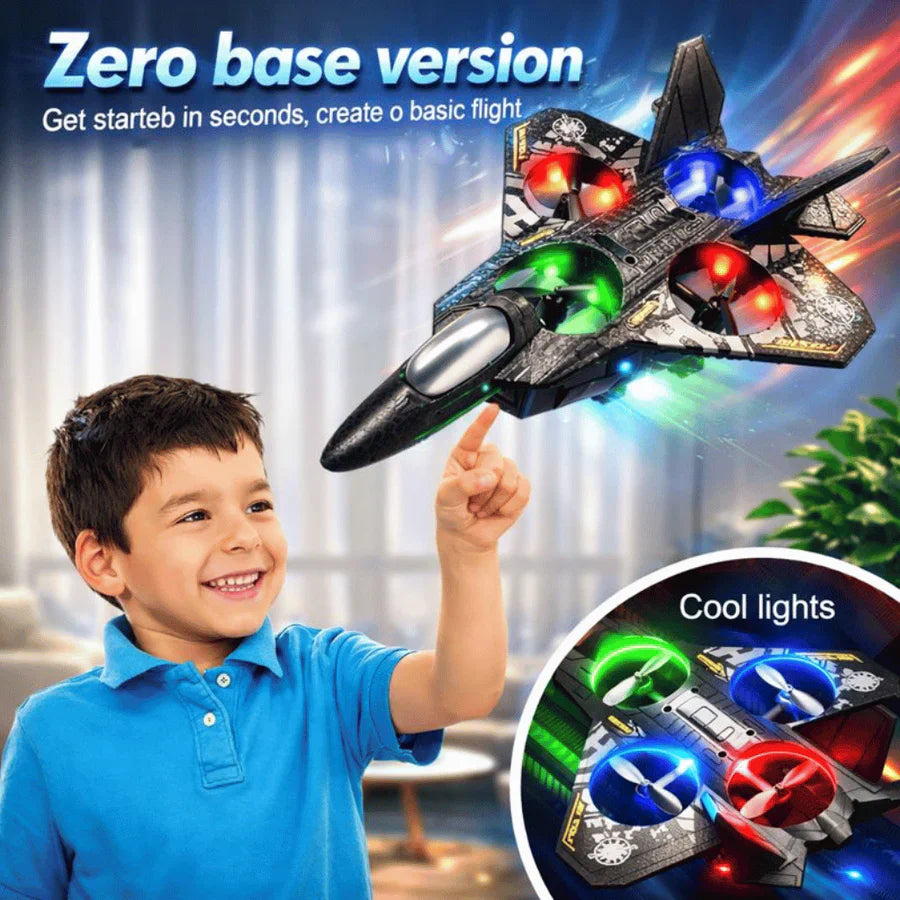 Side view of rechargeable RC fighter aircraft for kids and hobby play