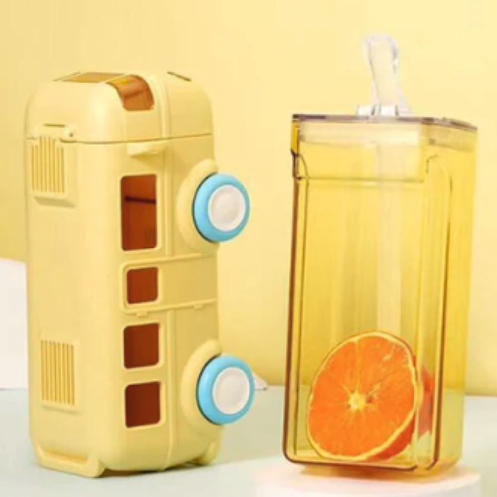 School bus design water bottle for children with carrying strap