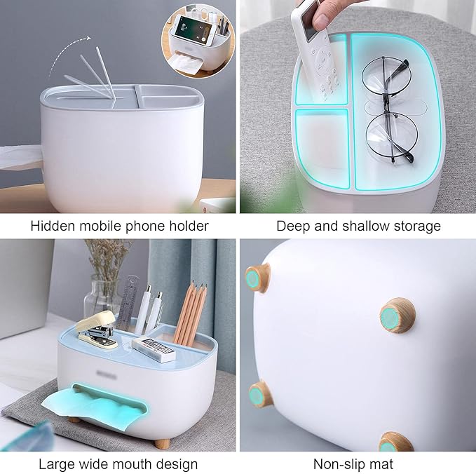 Closeup view of multifunctional tissue holder and storage organizer